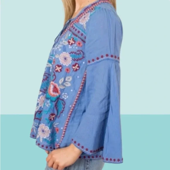 Johnny Was Oman Laceup Swing Blouse Embroidered Blue v neck small Top - Picture 9 of 12